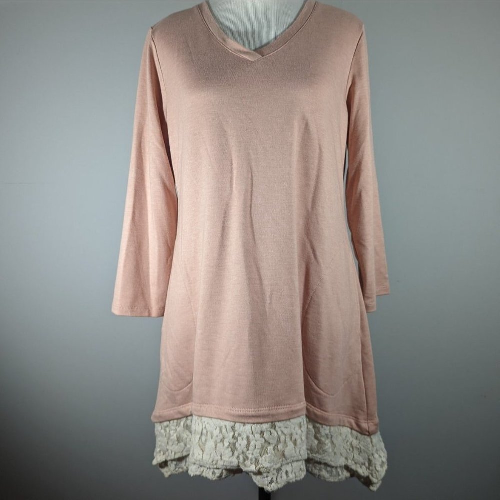 LOGO by Lori‎ Goldstein Pink French Terry Top with Lace Hem Women's Size S